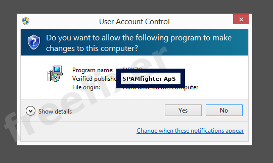Screenshot where SPAMfighter ApS appears as the verified publisher in the UAC dialog